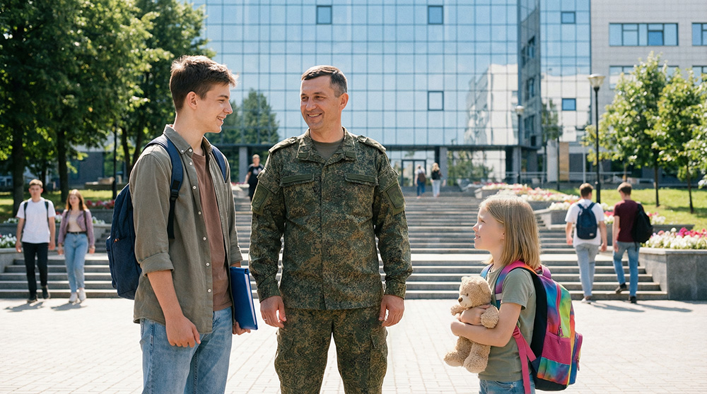 Военнослужащий с детьми на фоне учебного заведения