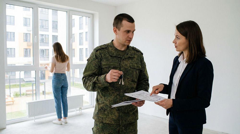 Военнослужащий в форме обсуждает условия с представителем по вопросам жилья