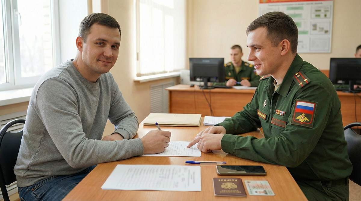 Офицер консультирует кандидата по контракту, объясняет шаги оформления