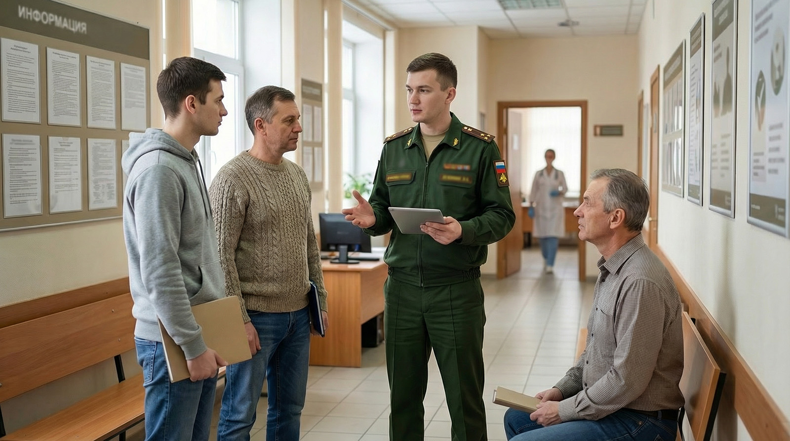 Военный консультирует кандидатов по контракту в призывном пункте
